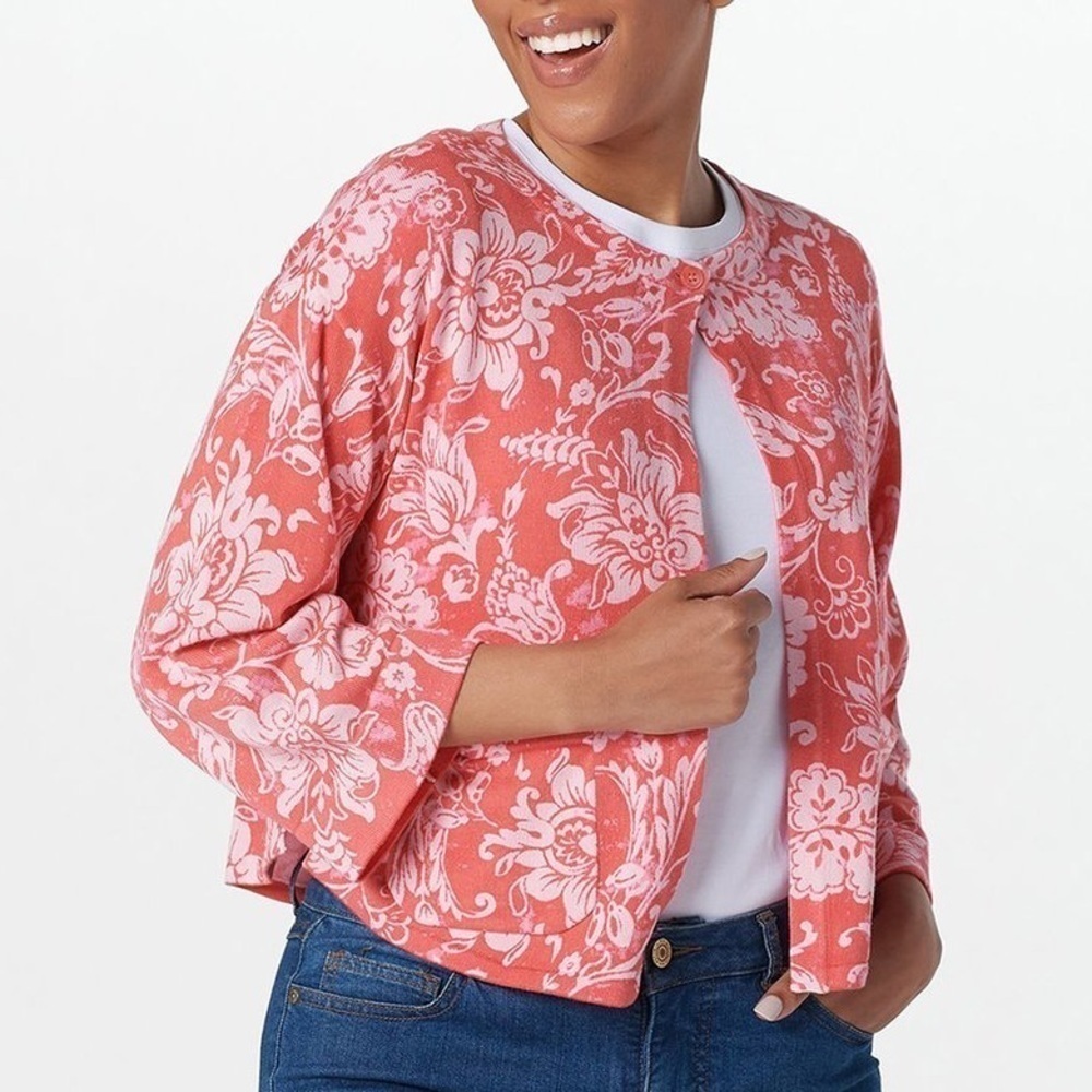 ISAAC Mizrahi Live! 5X Hot Coral Floral One Button Accent Cardigan (LV8)
